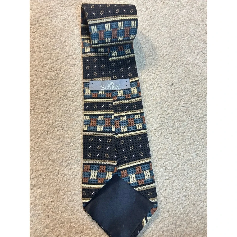 Surrey Mens‎ Silk Blend Tie Geometric Pattern Blue Brown Gold Woven Texture